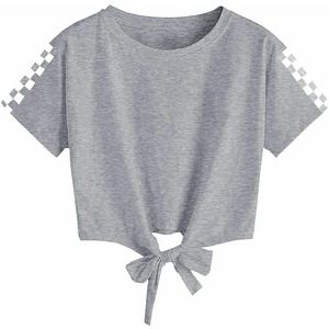 Girls Casual Crew Neck T-Shirts Short Sleeve Solid Color Plaid Hem Tie 13-14Y